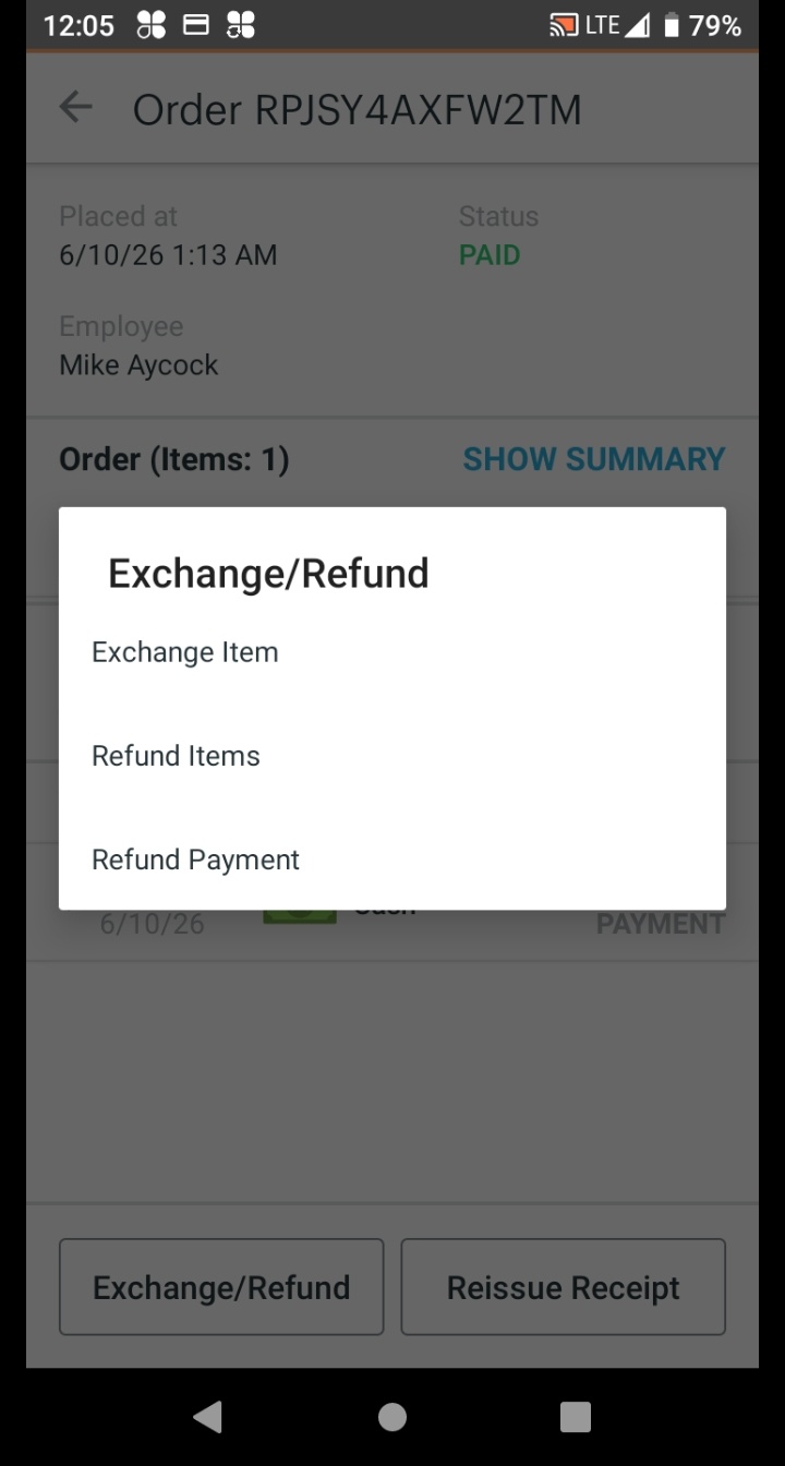 Exchange or Refund Items selection screen.